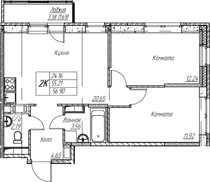 2-комнатная квартира 56.9 м², 19/22 эт., ЖК «Парк-квартал Юнтолово»